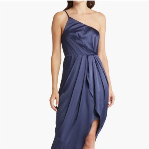 Lulus Law of Attraction One Shoulder Satin Dress Navy Blue Size Small NWT - Picture 2 of 6
